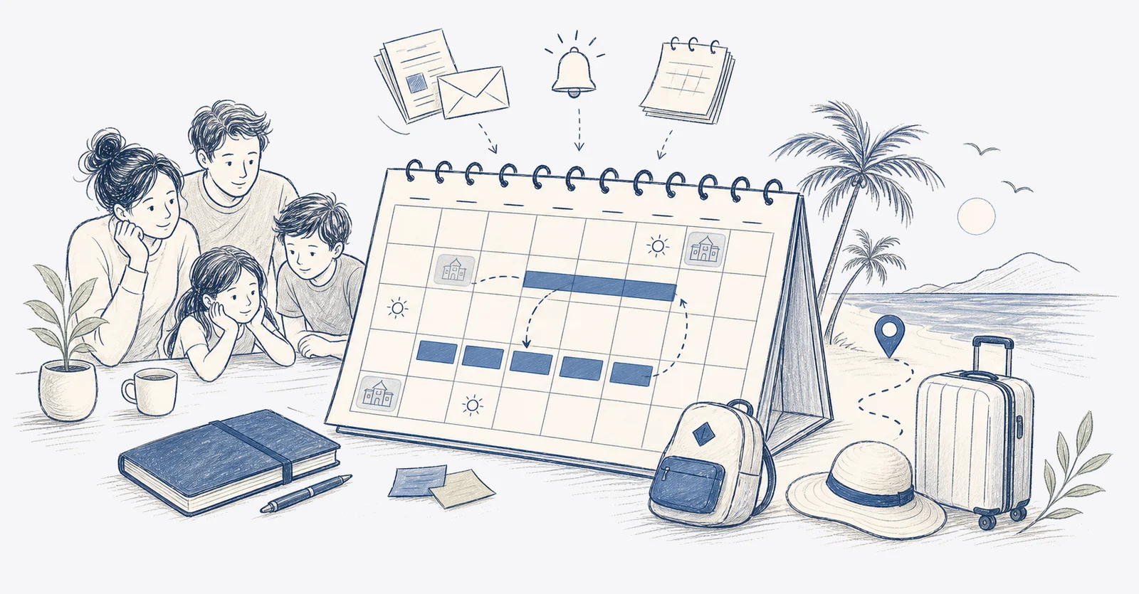 A blue-toned planning scene showing annual leave dates arranged around a calendar.